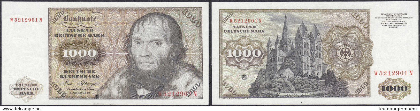 1000 Deutsche Mark 2.1.1980. Serie W/N. II. Rosenberg 291a. Grabowski. BRD-35a. - Sonstige & Ohne Zuordnung