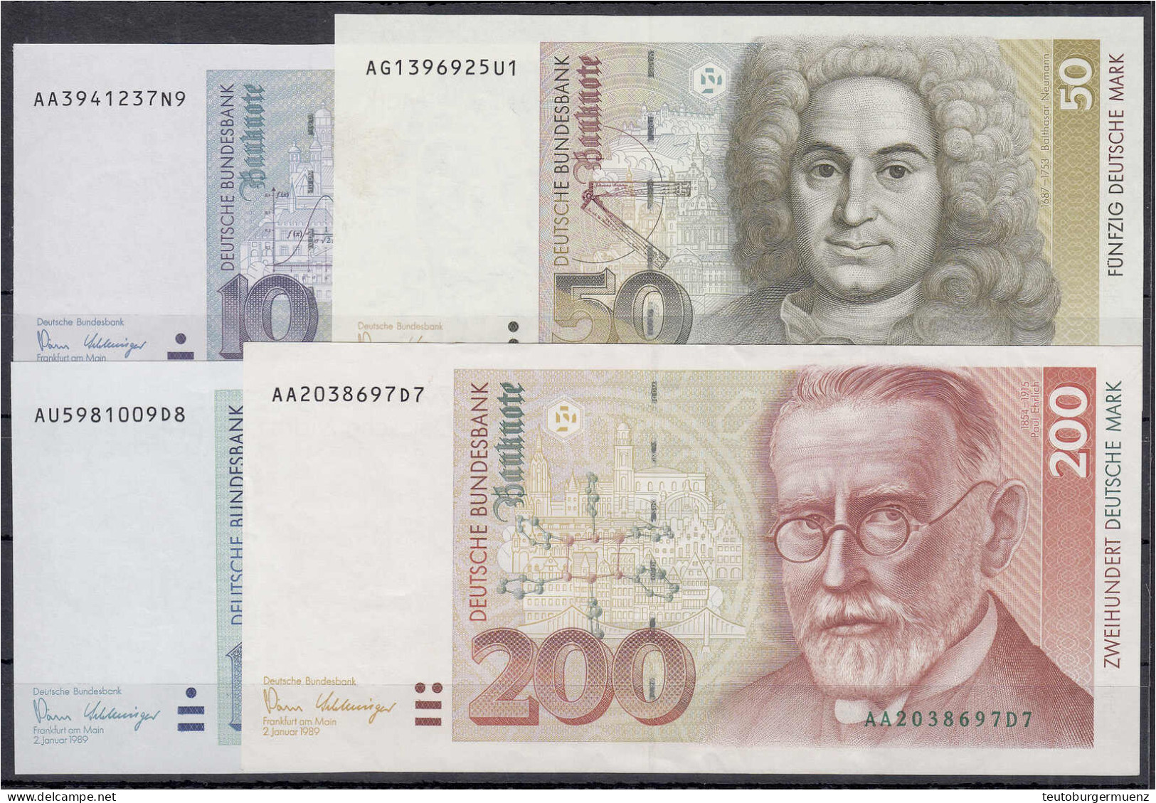 10, 50, 100 U. 200 Deutsche Mark 2.1.1989. Serien AA/N, AG/U, AU/D U. AA/D. I-II. Rosenberg 292, 293, 294, 295. Grabowsk - Other & Unclassified