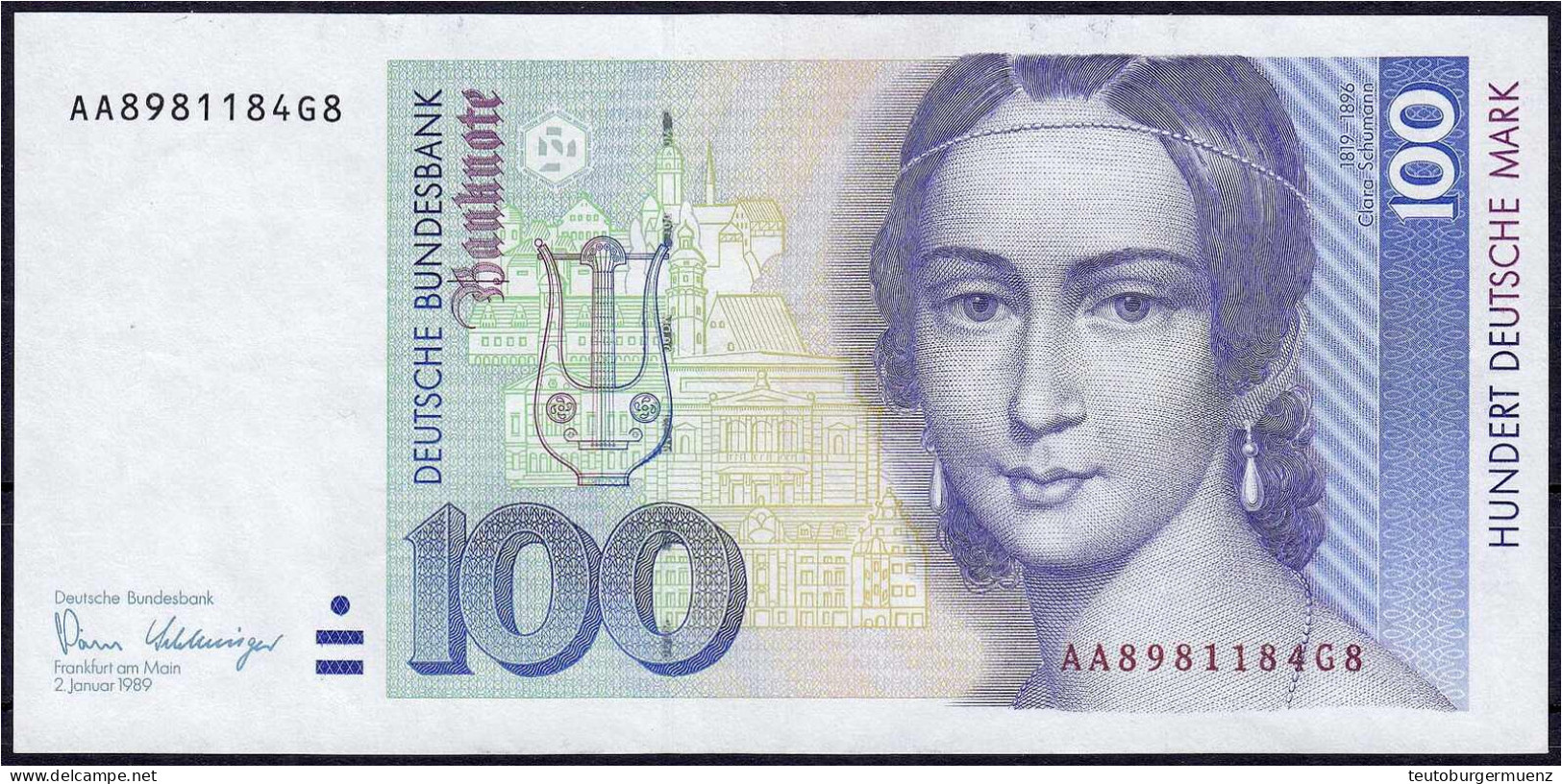 100 Deutsche Mark 2.1.1989. Serie AA/G. II. Rosenberg 294a. Grabowski. BRD-38a. - Other & Unclassified