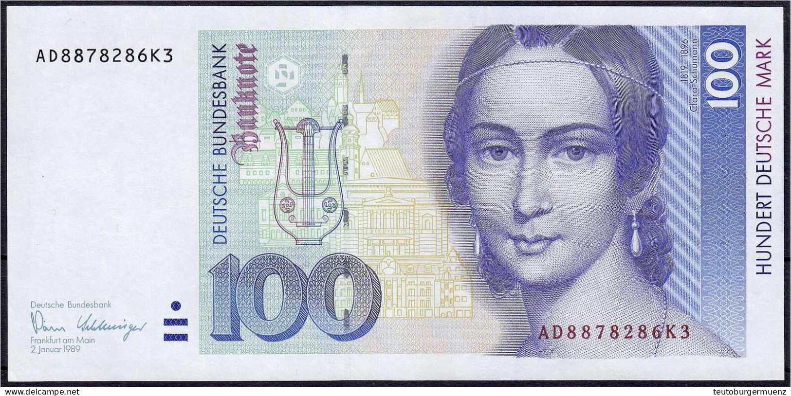 100 Deutsche Mark 2.1.1989. Serie AD/K. II. Rosenberg 294a. Grabowski. BRD-38a. - Autres & Non Classés