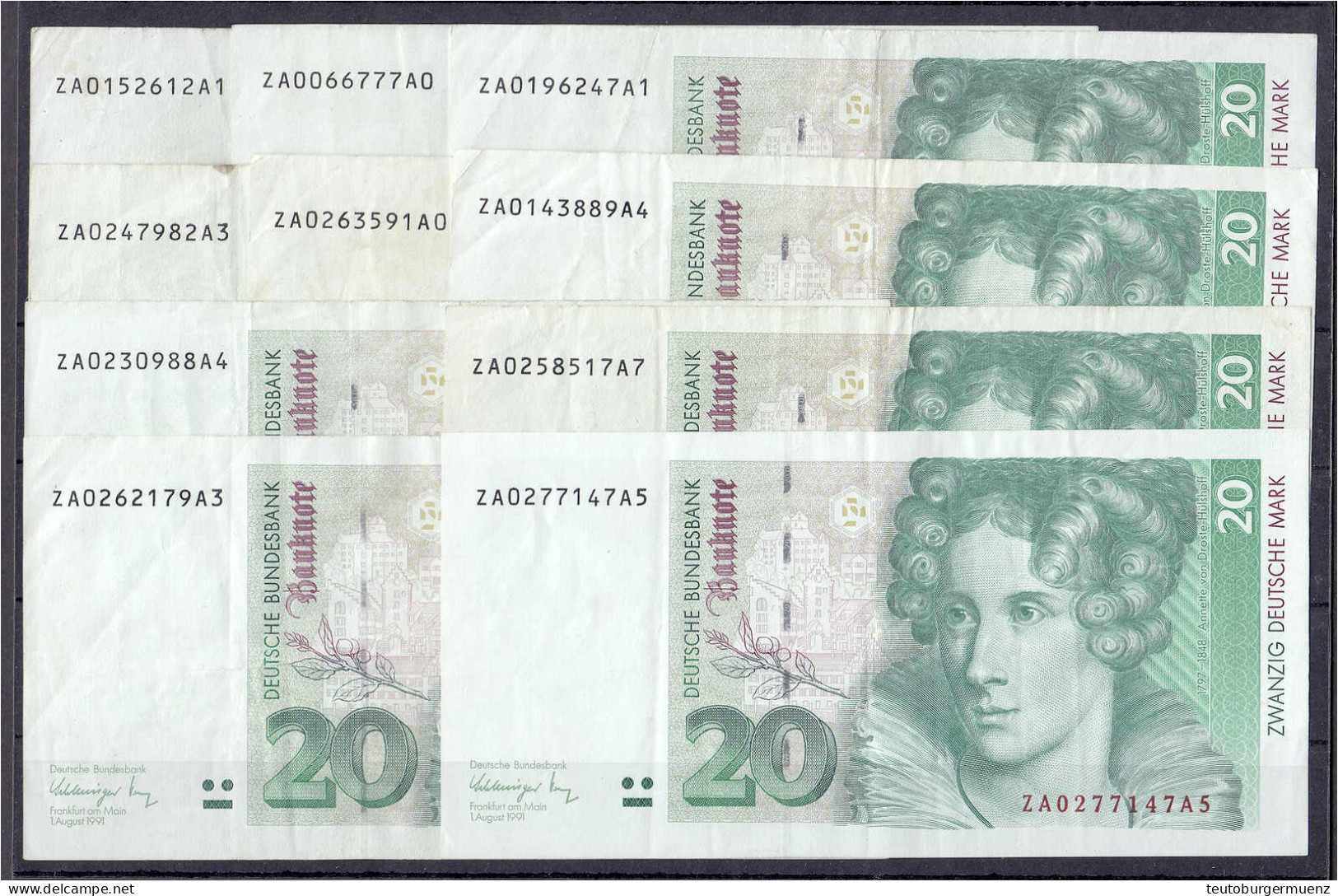 10x 20 Deutsche Mark Austauschnote 1.8.1991. Serie ZA/A. Alle III, Selten. Rosenberg 298b. Grabowski. BRD-42b. - Autres & Non Classés