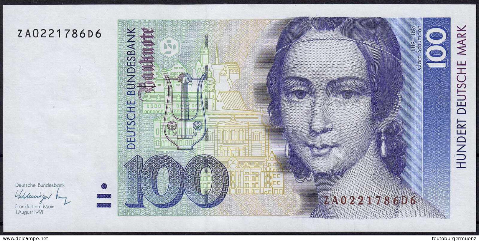 100 Deutsche Mark Austauschnote 1.8.1991. Serie ZA/D. I-, Min. Zählknick, Selten. Rosenberg 300b. Grabowski. BRD-44b. - Other & Unclassified