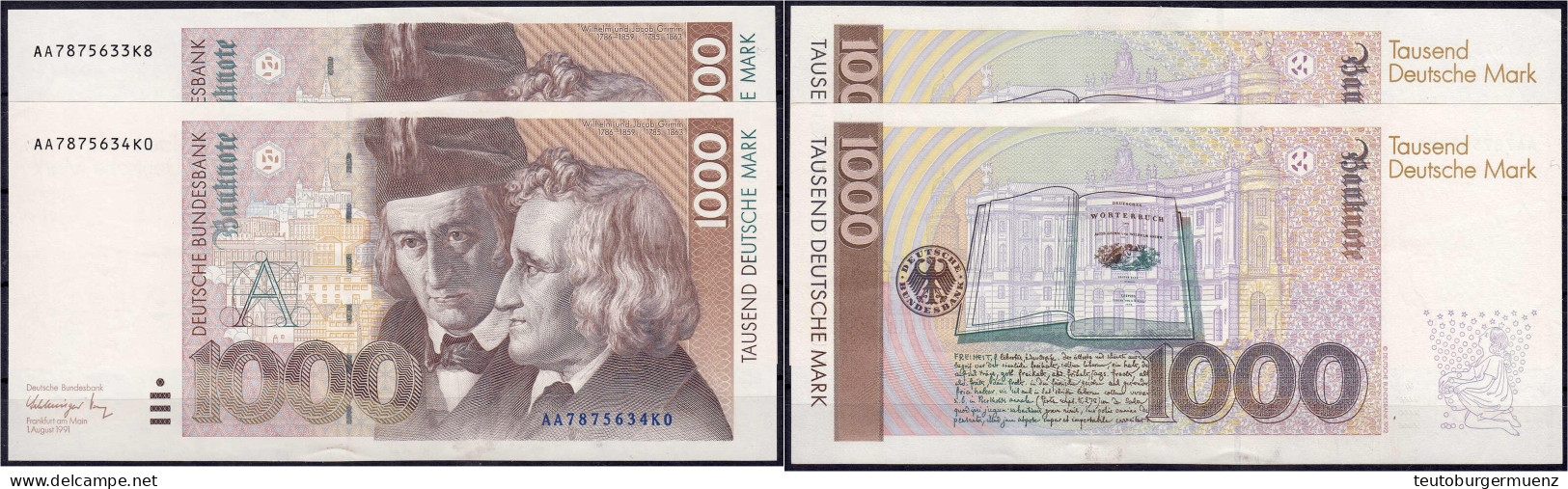 2x 1000 Deutsche Mark 1.8.1991. Serie AA/K. Folge KN. 7875633 - 7875634. II Bis II+, Etwas Wellig. Rosenberg 302a. Grabo - Sonstige & Ohne Zuordnung