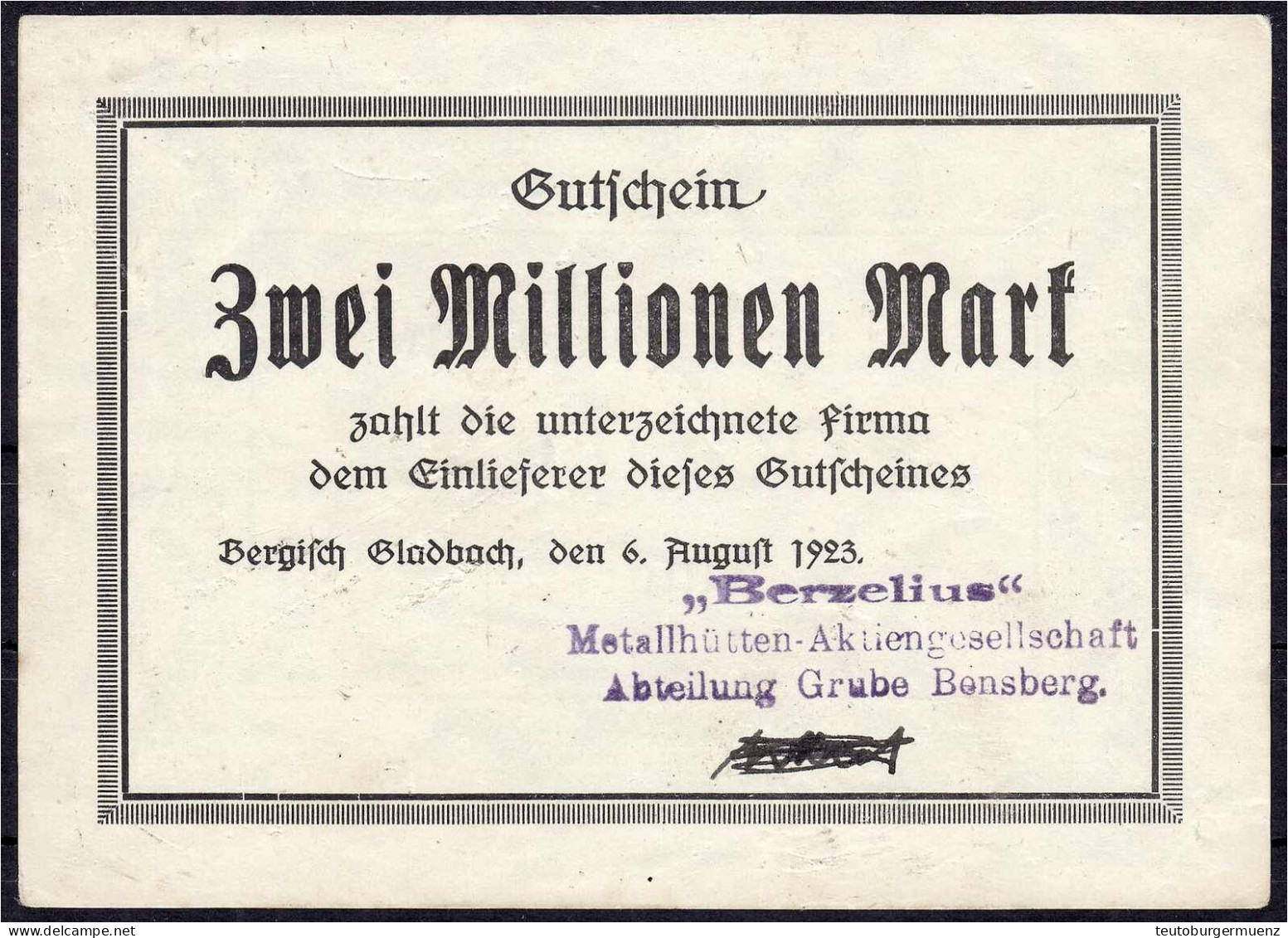 „Berzelius“ Berghütten Aktiengesellschaft, 2 Mio. Mark 6.8.1923. III. Keller 321a. - Lokale Ausgaben