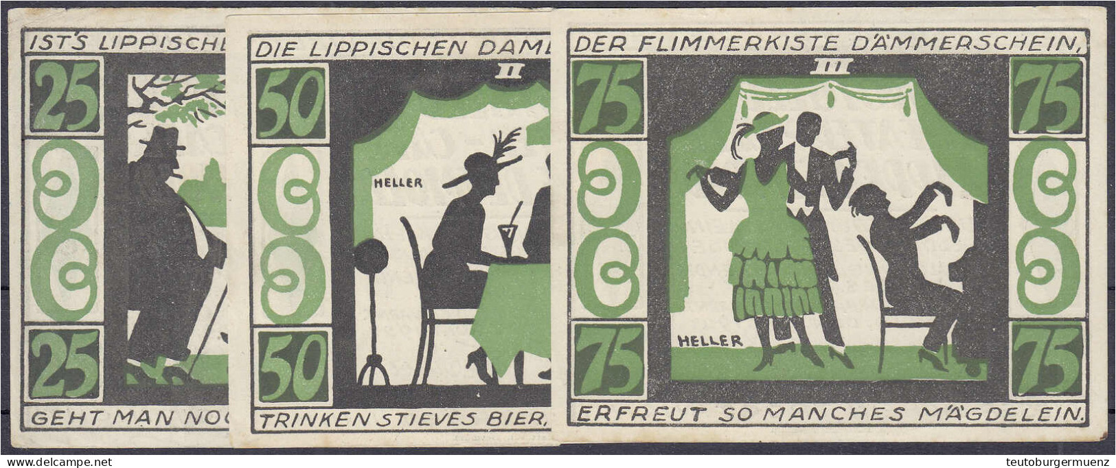 3 Scheine Des Detmolder Theater Cafes, 25, 50 U. 75 Pfg. 1.10.1921. II, Leicht Stockfleckig. Lindman 261. - [11] Emissions Locales