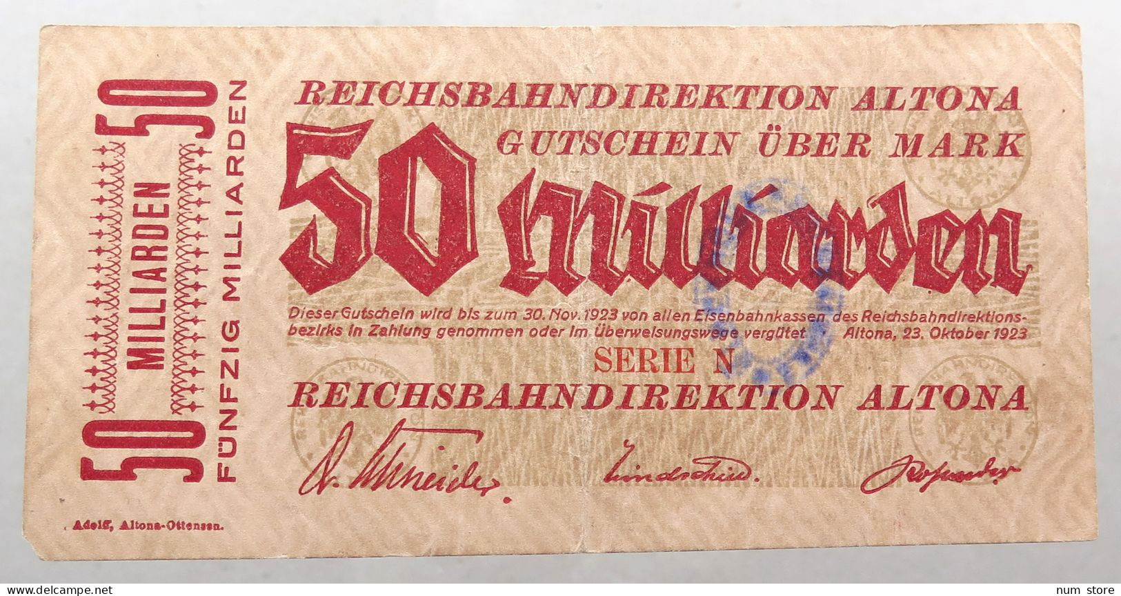 WEIMARER REPUBLIK 50 MILLIARDEN MARK 1923 ALTONA SINGAPORE #alb052 0697 - 50 Mrd. Mark