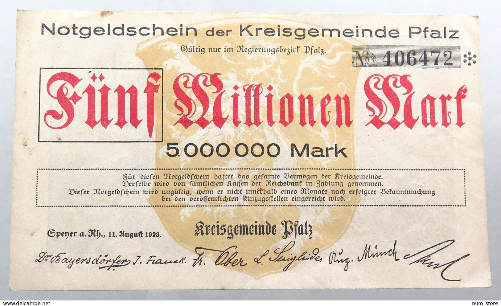 WEIMARER REPUBLIK 5 MILLIONEN MARK 1923 PFALZ #alb052 0649 - 5 Millionen Mark