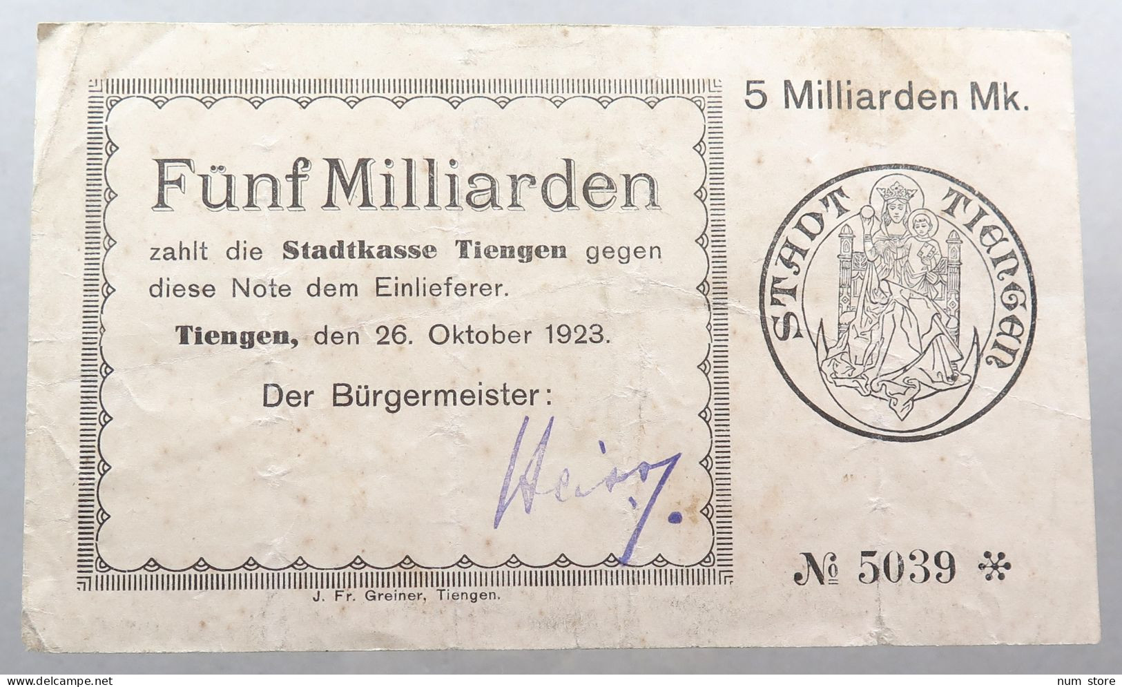 WEIMARER REPUBLIK 5 MILLIARDEN MARK 1923 TIENGEN #alb052 0701 - 5 Miljard Mark