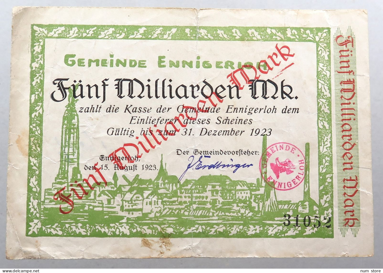 WEIMARER REPUBLIK 5 MILLIARDEN MARK 1923 ENNIGERLOH #alb052 0737 - 5 Milliarden Mark