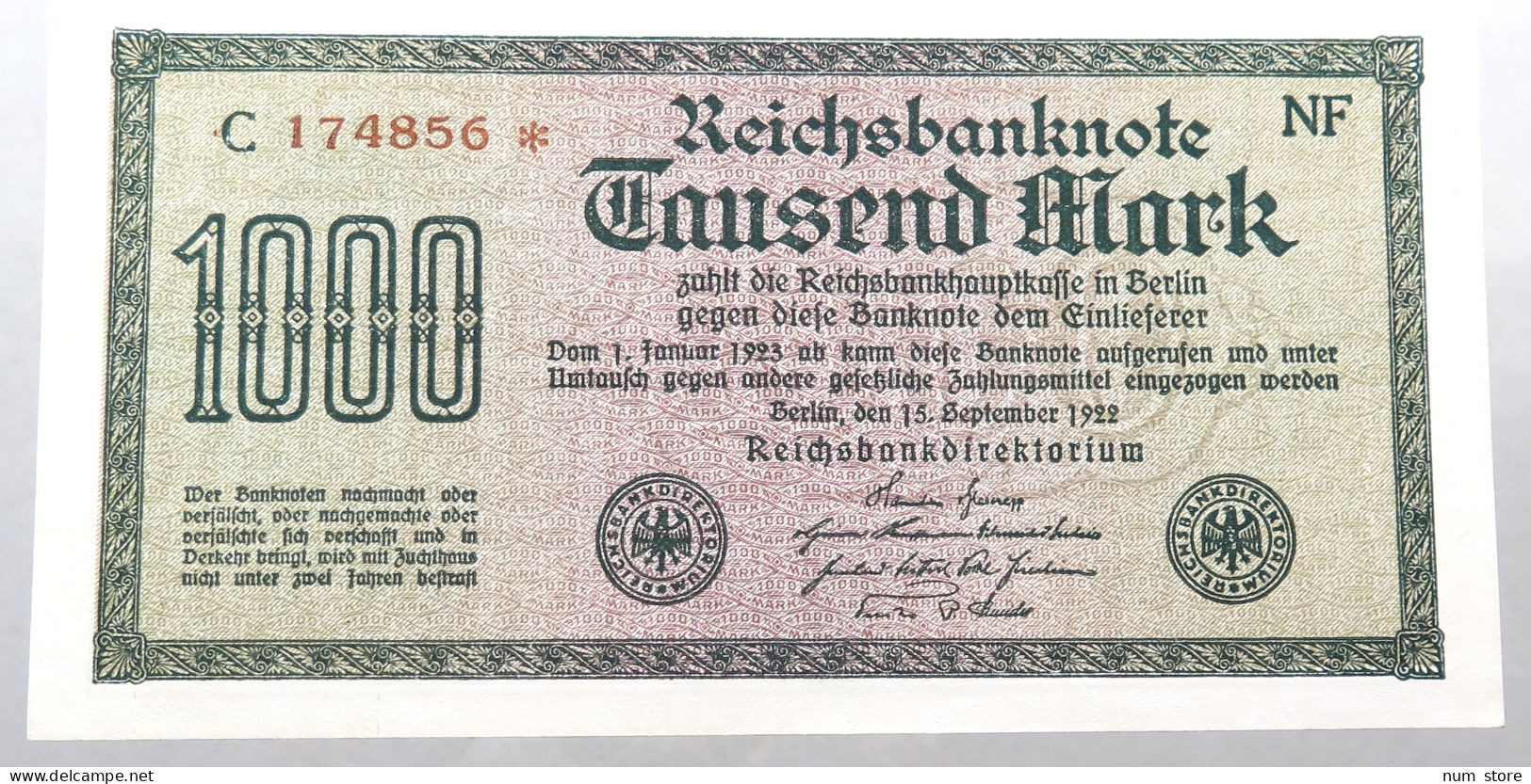 WEIMARER REPUBLIK 1000 MARK 1922  #alb052 0407 - 1.000 Mark