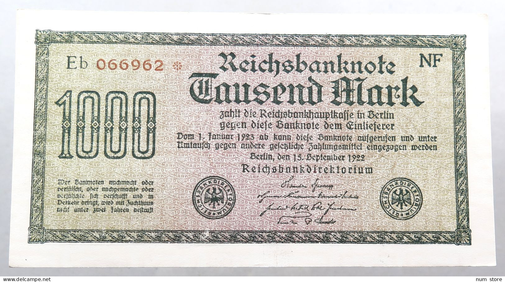 WEIMARER REPUBLIK 1000 MARK 1922  #alb052 0401 - 1000 Mark