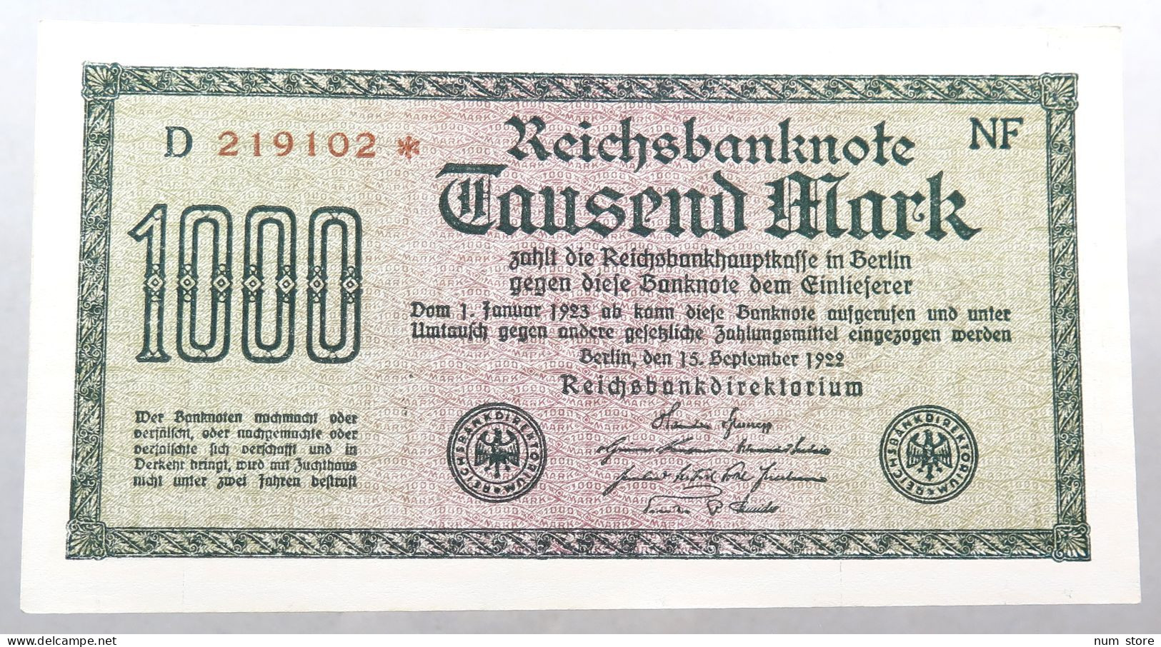 WEIMARER REPUBLIK 1000 MARK 1922  #alb052 0405 - 1.000 Mark