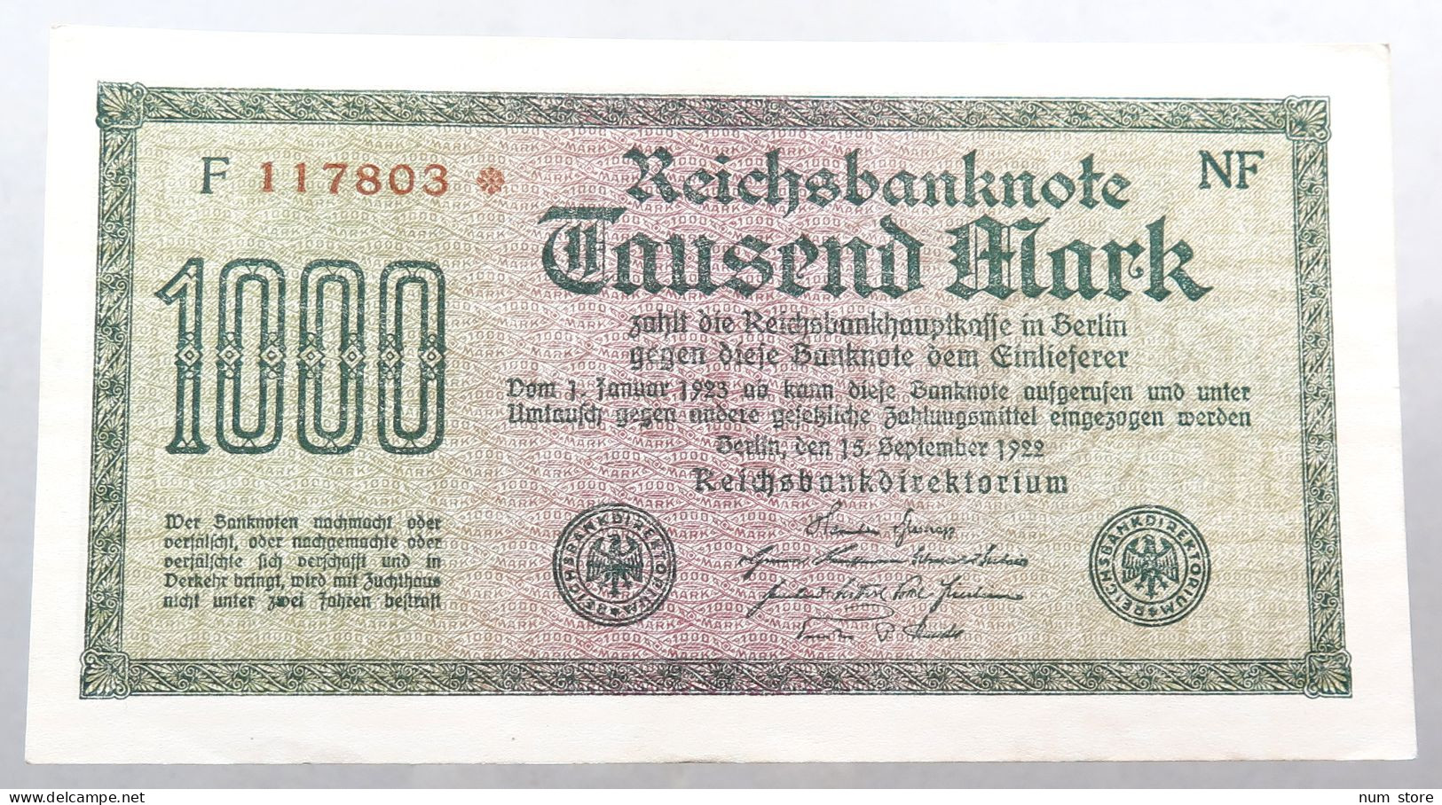 WEIMARER REPUBLIK 1000 MARK 1922  #alb052 0399 - 1.000 Mark