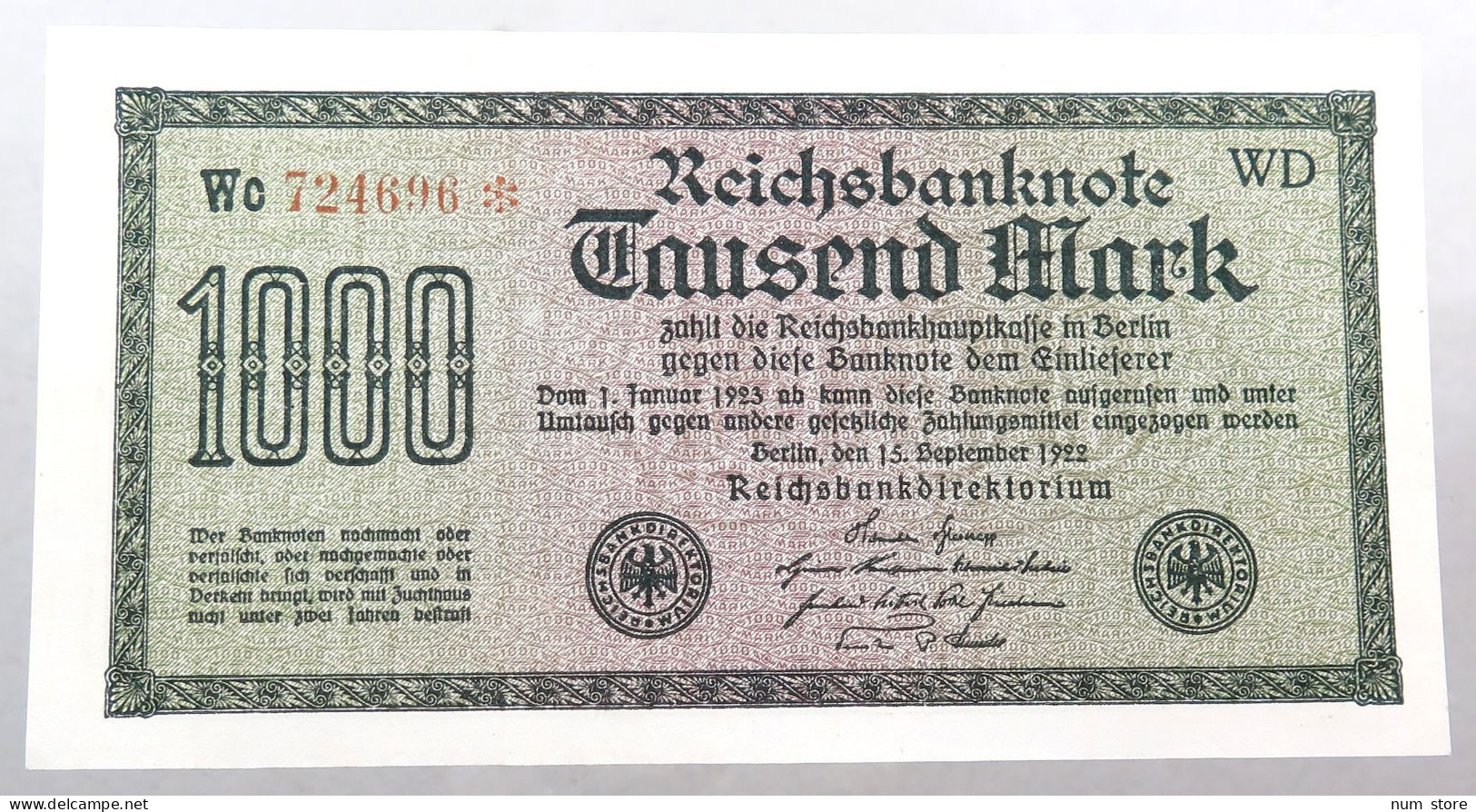 WEIMARER REPUBLIK 1000 MARK 1922  #alb052 0391 - 1000 Mark