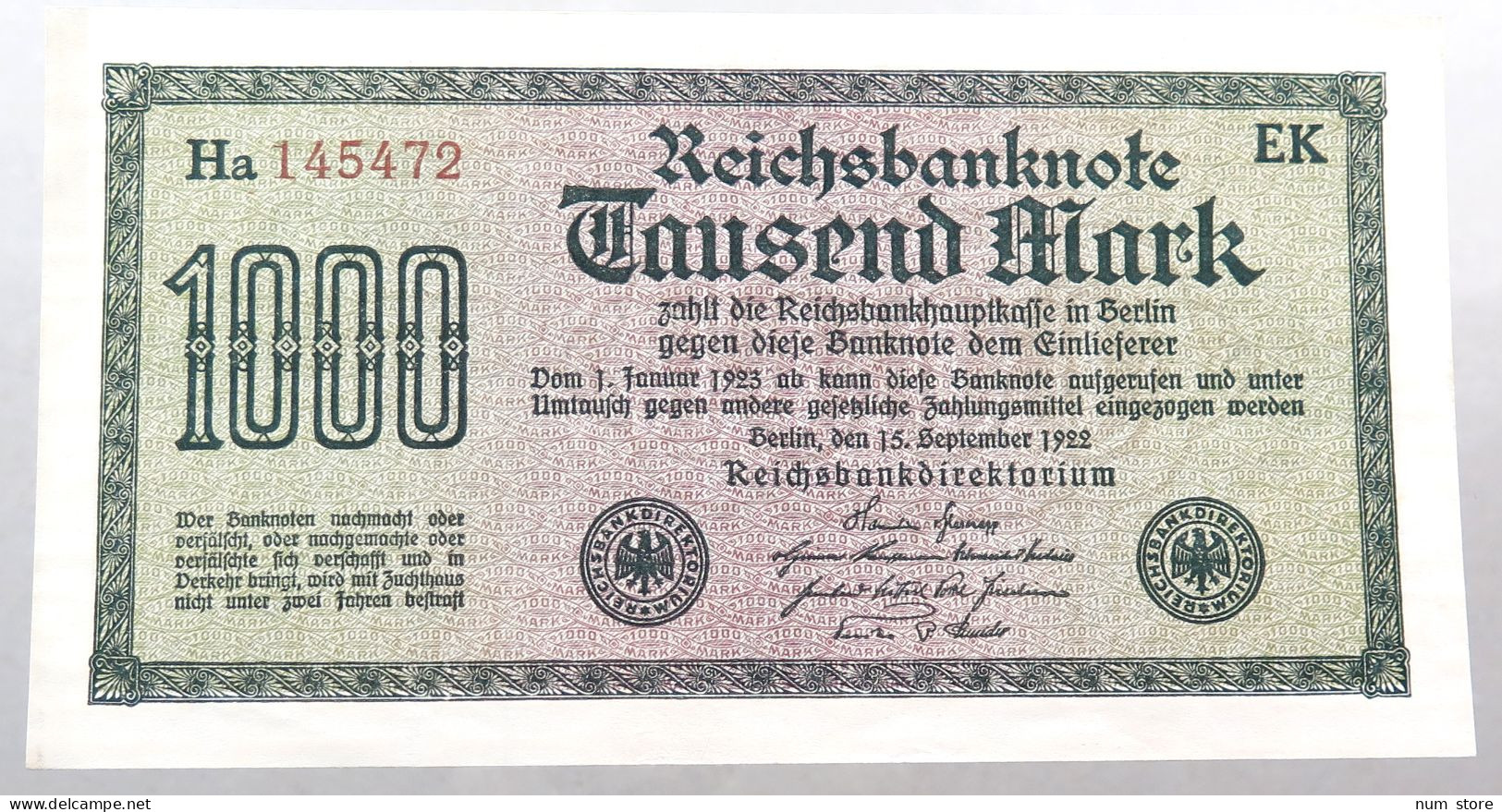 WEIMARER REPUBLIK 1000 MARK 1922  #alb052 0397 - 1.000 Mark