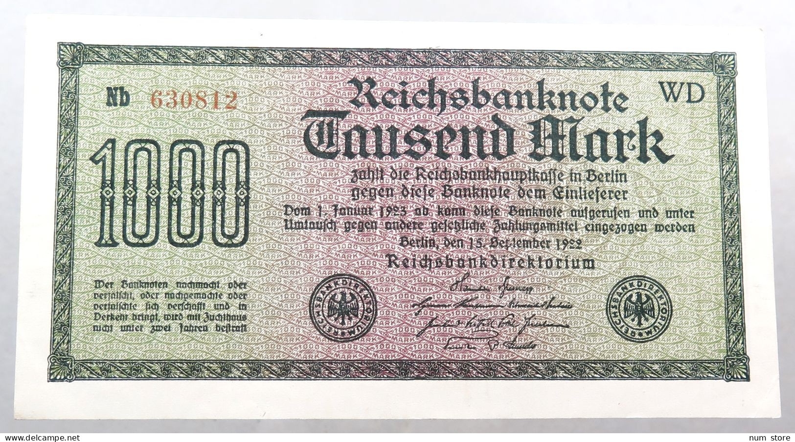 WEIMARER REPUBLIK 1000 MARK 1922  #alb052 0395 - 1000 Mark