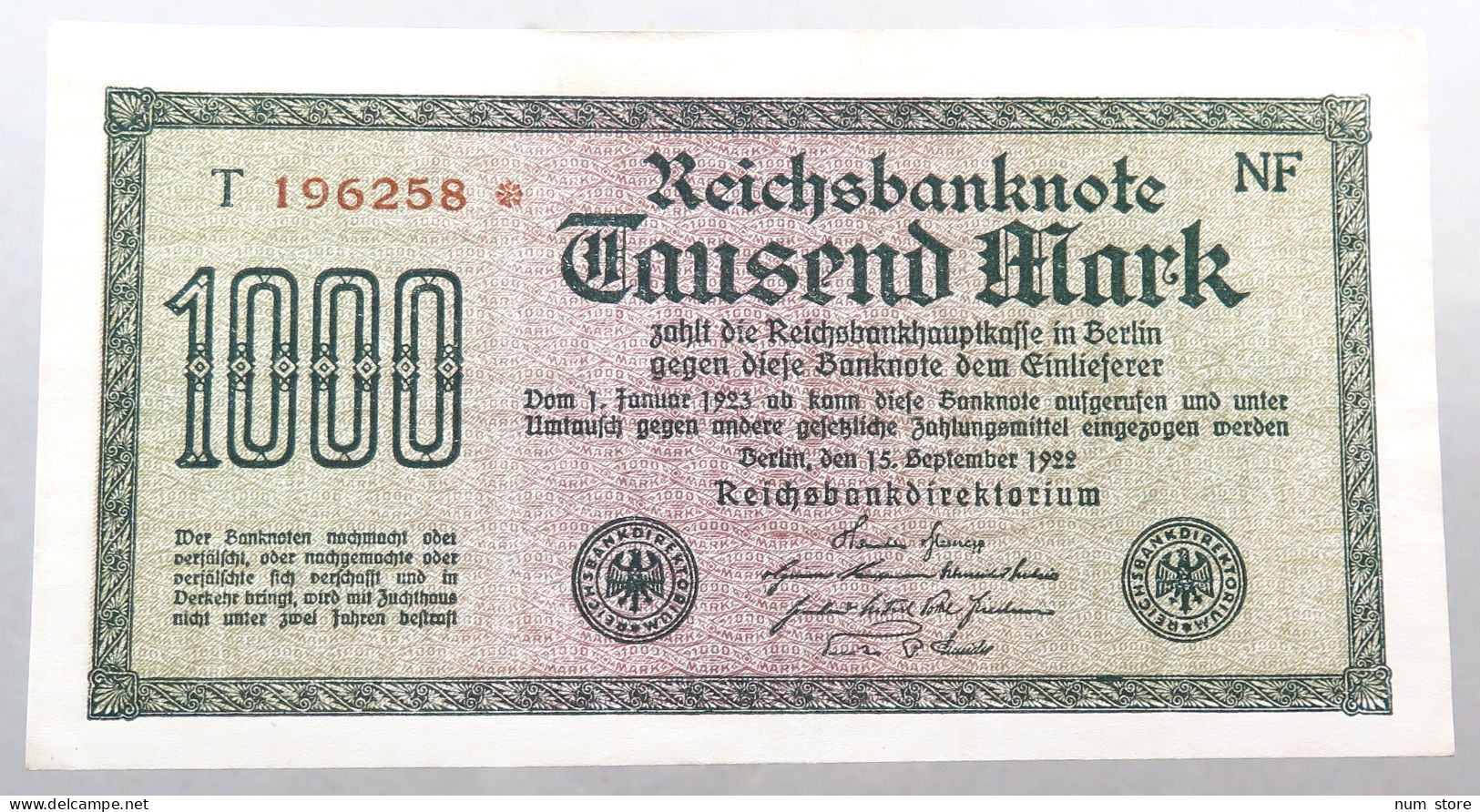 WEIMARER REPUBLIK 1000 MARK 1922  #alb052 0393 - 1000 Mark