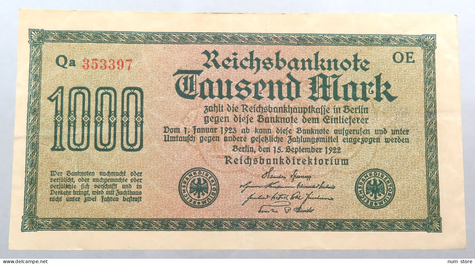 WEIMARER REPUBLIK 1000 MARK 1922  #alb052 0377 - 1.000 Mark