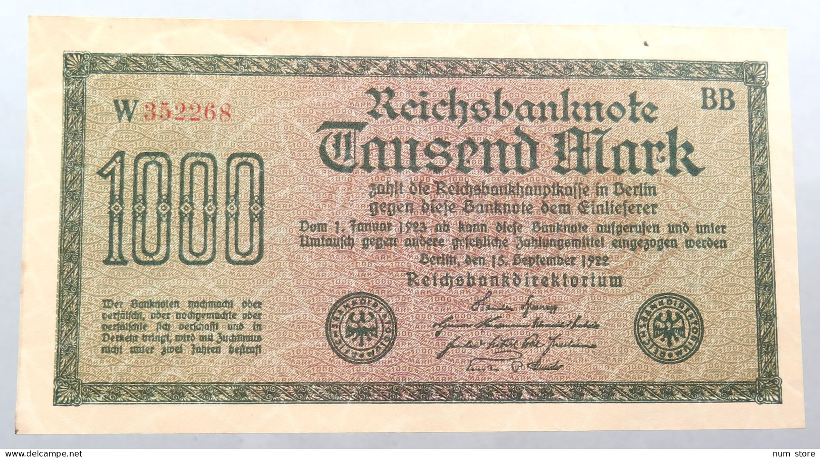 WEIMARER REPUBLIK 1000 MARK 1922  #alb052 0367 - 1000 Mark