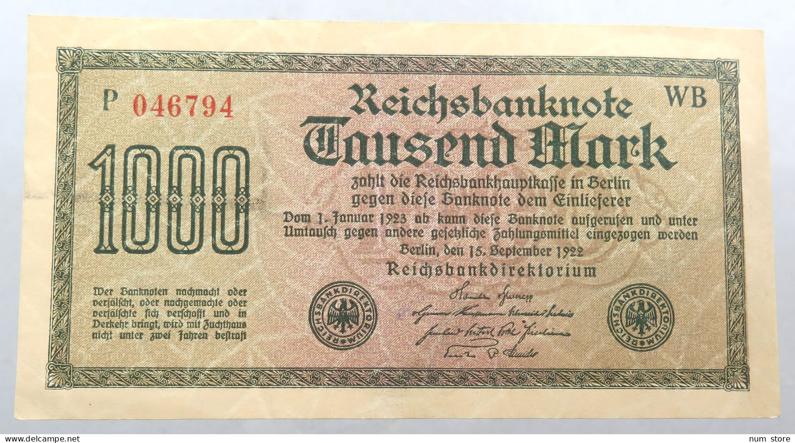 WEIMARER REPUBLIK 1000 MARK 1922  #alb052 0379 - 1000 Mark