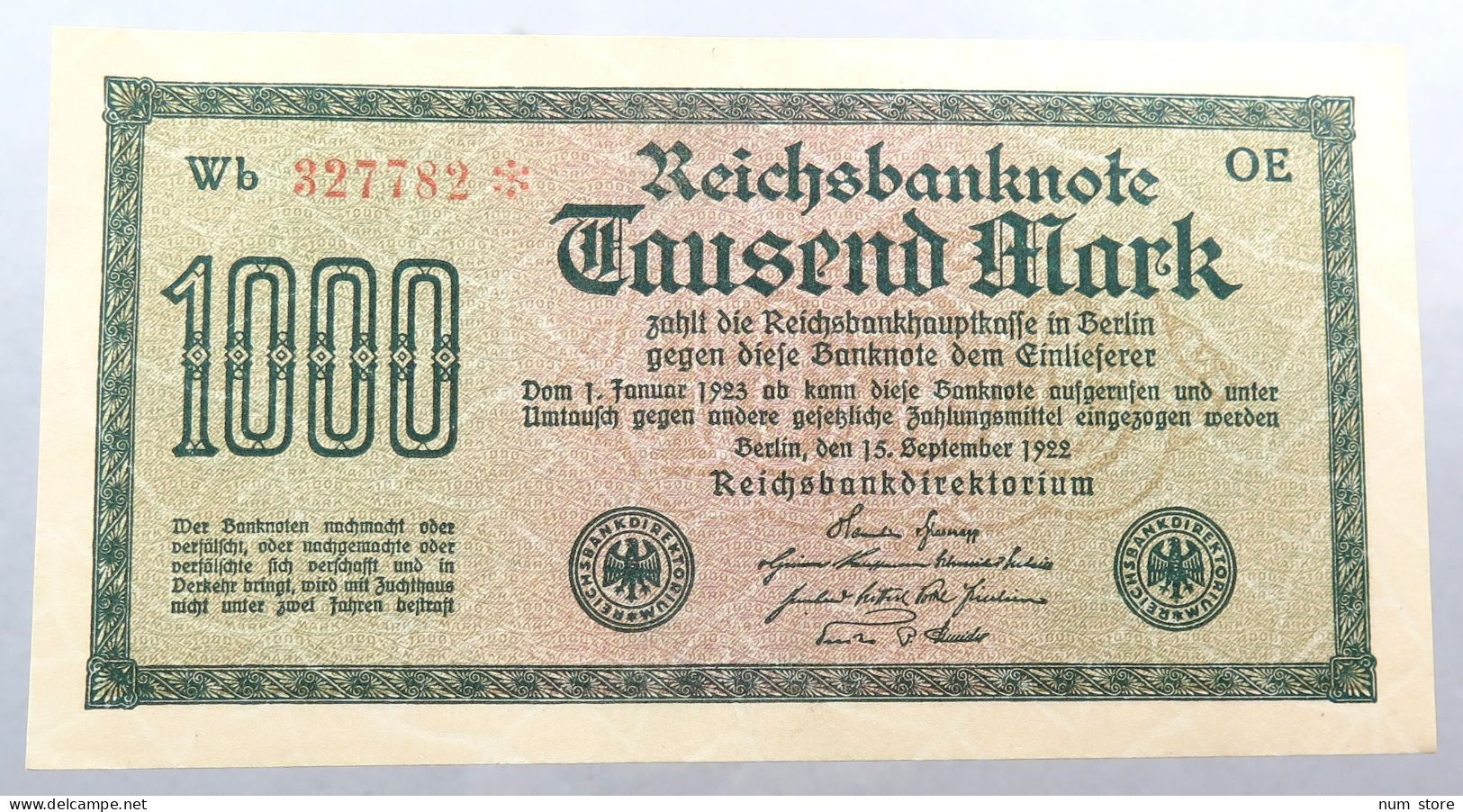 WEIMARER REPUBLIK 1000 MARK 1922  #alb052 0373 - 1000 Mark