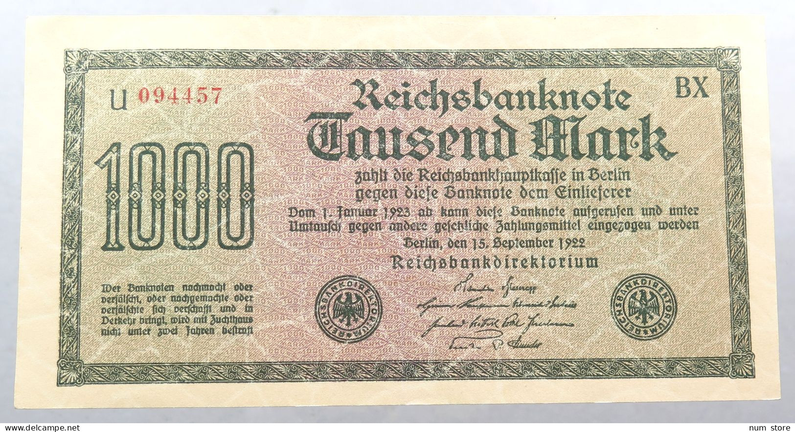 WEIMARER REPUBLIK 1000 MARK 1922  #alb052 0375 - 1000 Mark