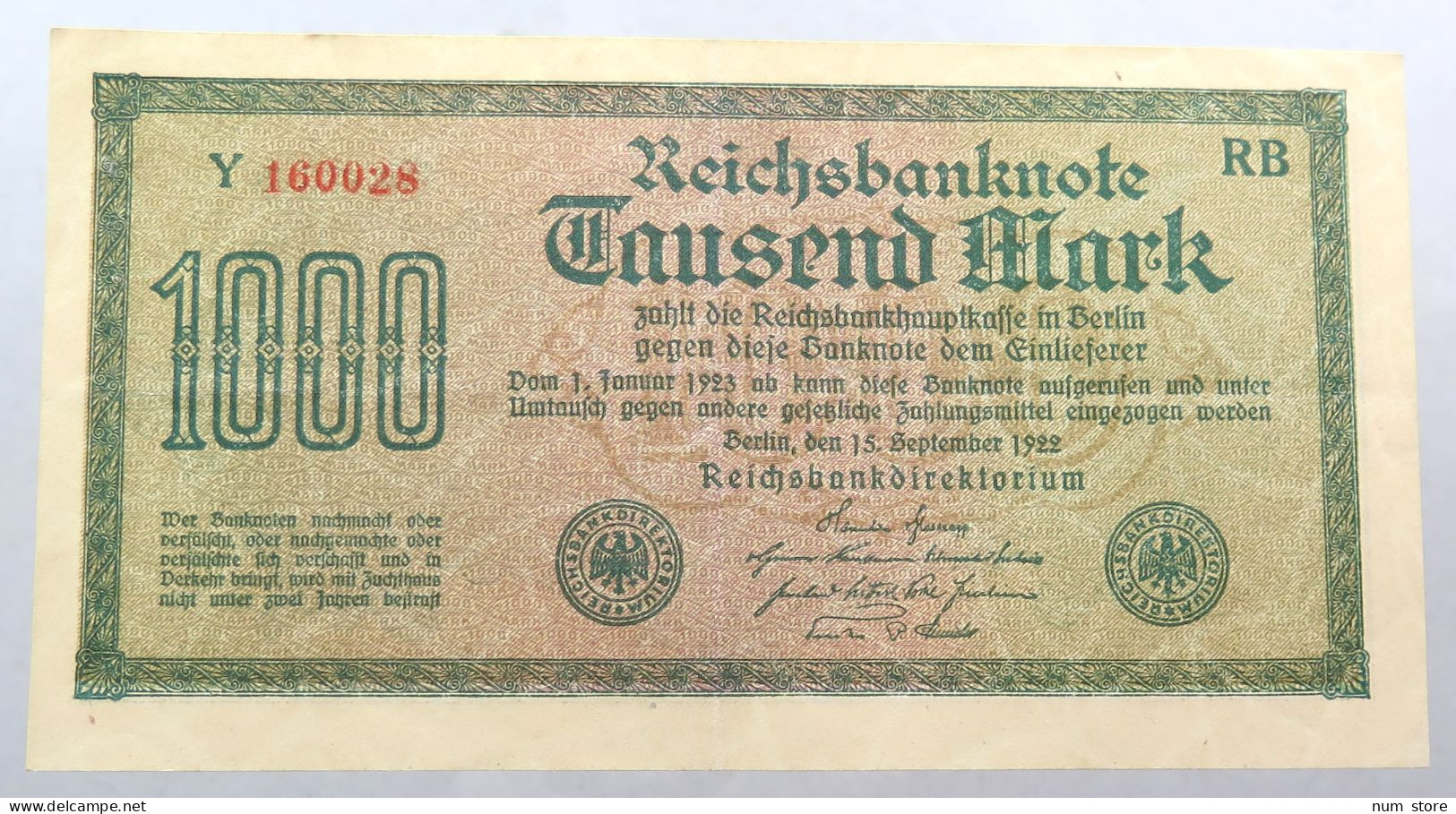 WEIMARER REPUBLIK 1000 MARK 1922  #alb052 0371 - 1.000 Mark