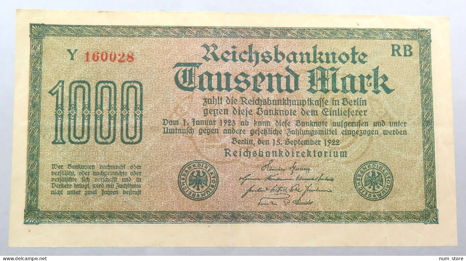 WEIMARER REPUBLIK 1000 MARK 1922  #alb052 0371 - 1000 Mark