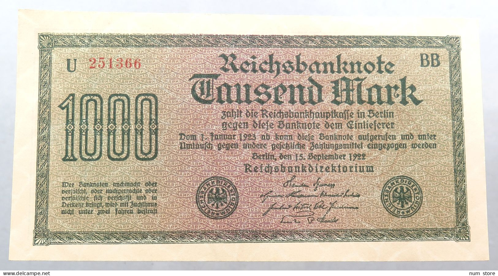 WEIMARER REPUBLIK 1000 MARK 1922  #alb052 0365 - 1000 Mark