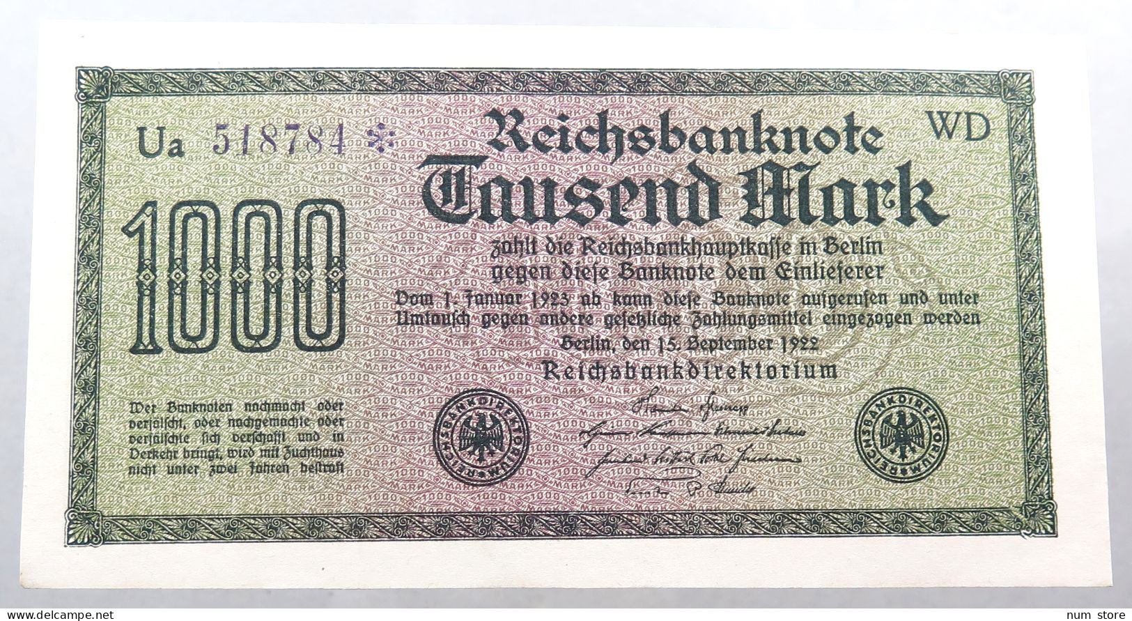 WEIMARER REPUBLIK 1000 MARK 1922  #alb052 0349 - 1000 Mark