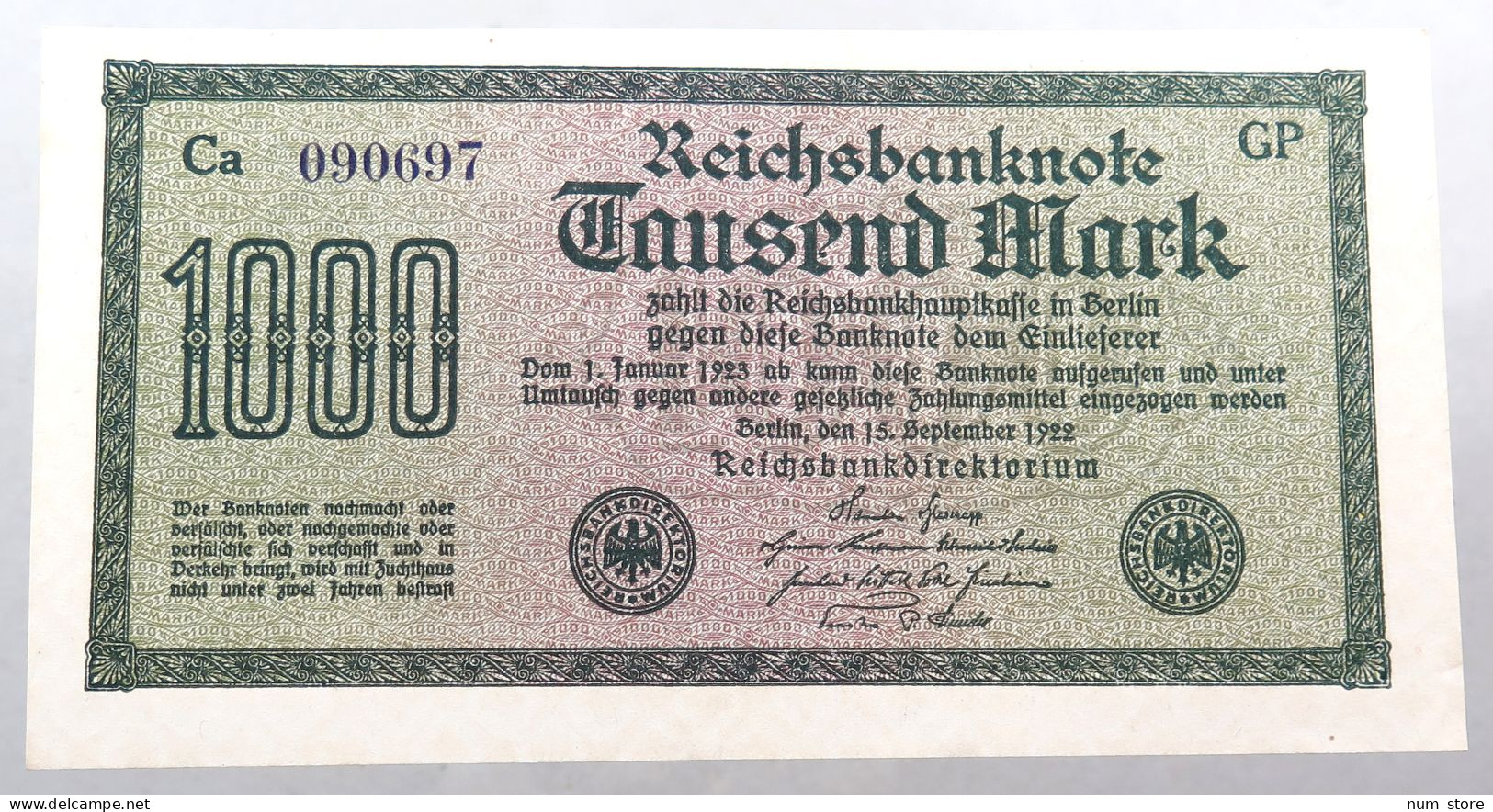 WEIMARER REPUBLIK 1000 MARK 1922  #alb052 0345 - 1.000 Mark