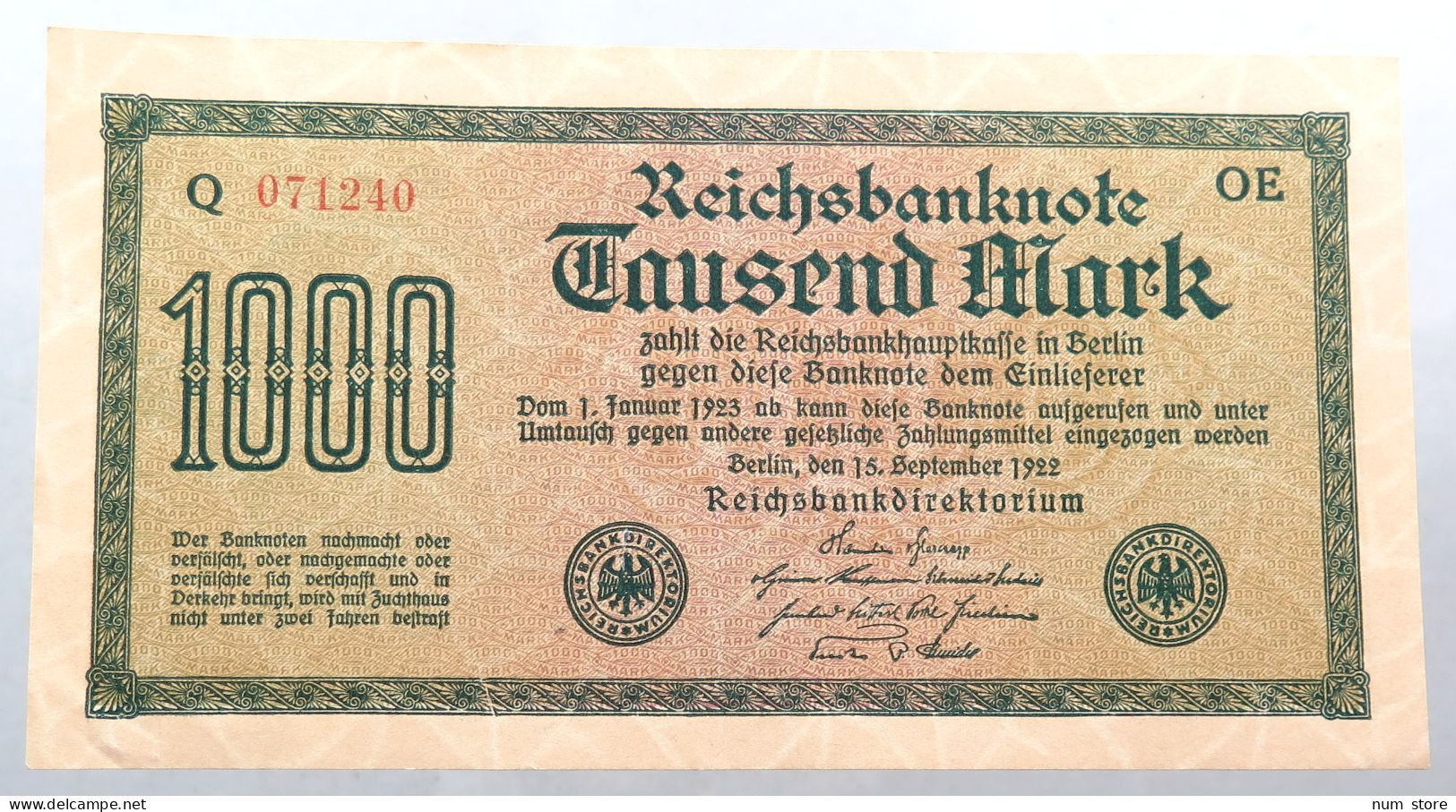 WEIMARER REPUBLIK 1000 MARK 1922  #alb052 0355 - 1000 Mark