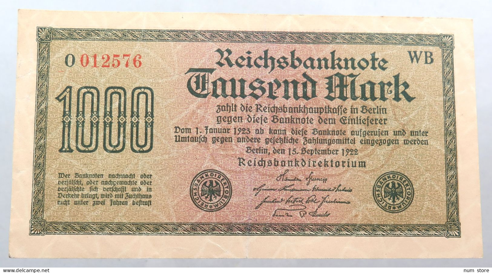 WEIMARER REPUBLIK 1000 MARK 1922  #alb052 0353 - 1.000 Mark