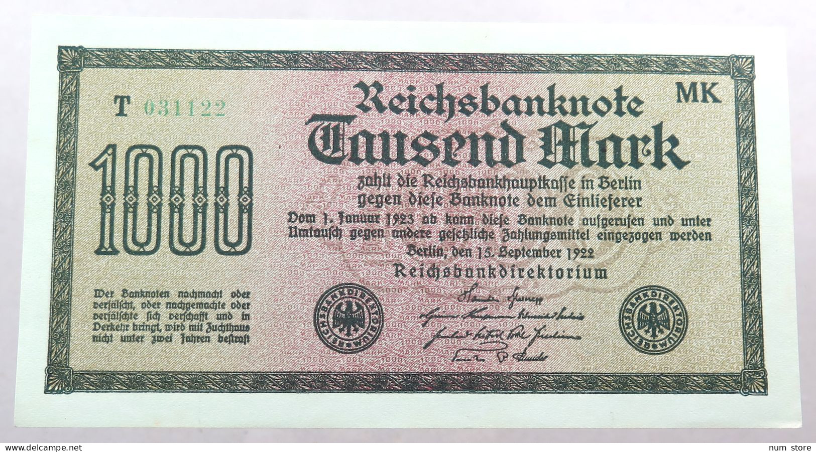 WEIMARER REPUBLIK 1000 MARK 1922  #alb052 0329 - 1.000 Mark