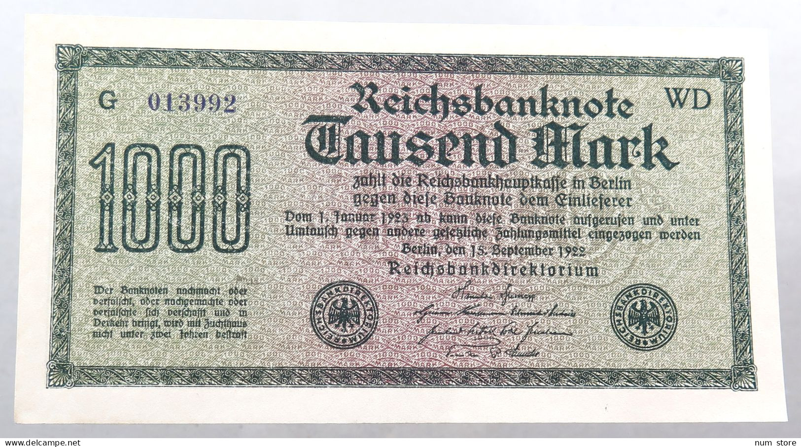 WEIMARER REPUBLIK 1000 MARK 1922  #alb052 0339 - 1000 Mark