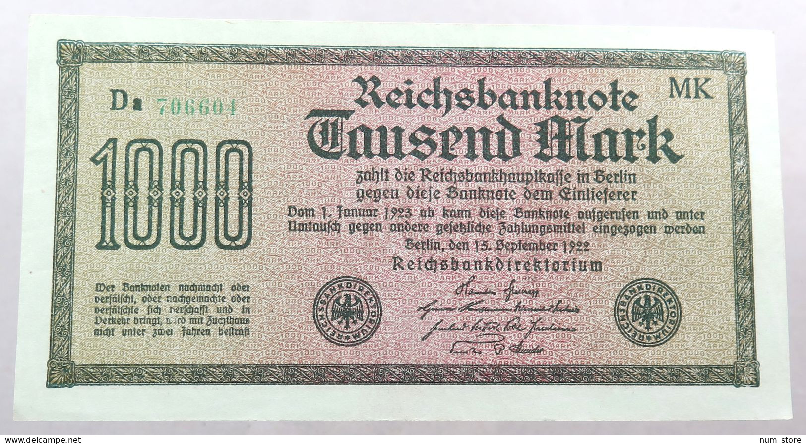 WEIMARER REPUBLIK 1000 MARK 1922  #alb052 0325 - 1.000 Mark
