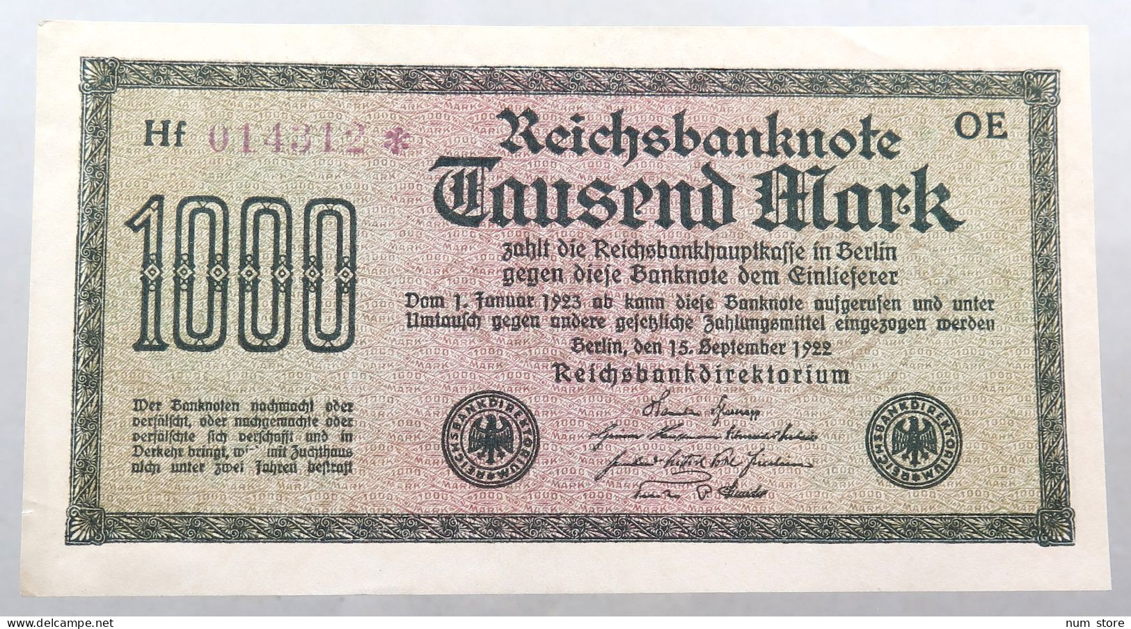 WEIMARER REPUBLIK 1000 MARK 1922  #alb052 0341 - 1000 Mark