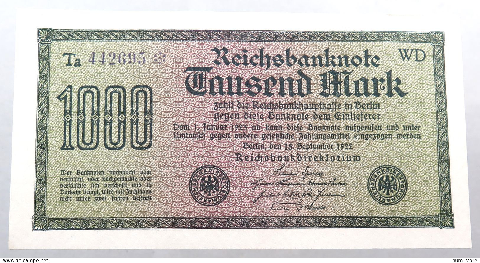 WEIMARER REPUBLIK 1000 MARK 1922  #alb052 0337 - 1000 Mark