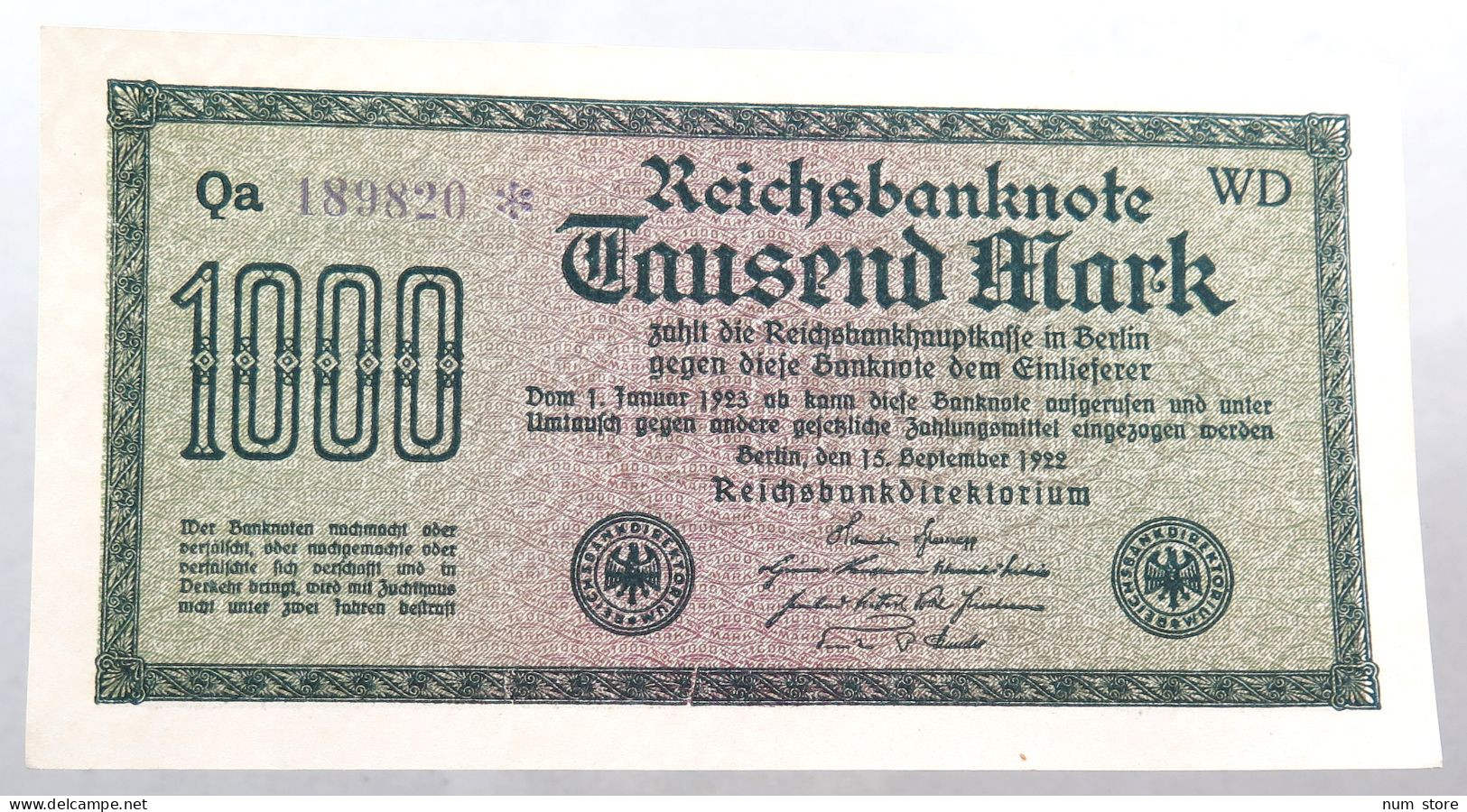 WEIMARER REPUBLIK 1000 MARK 1922  #alb052 0335 - 1000 Mark