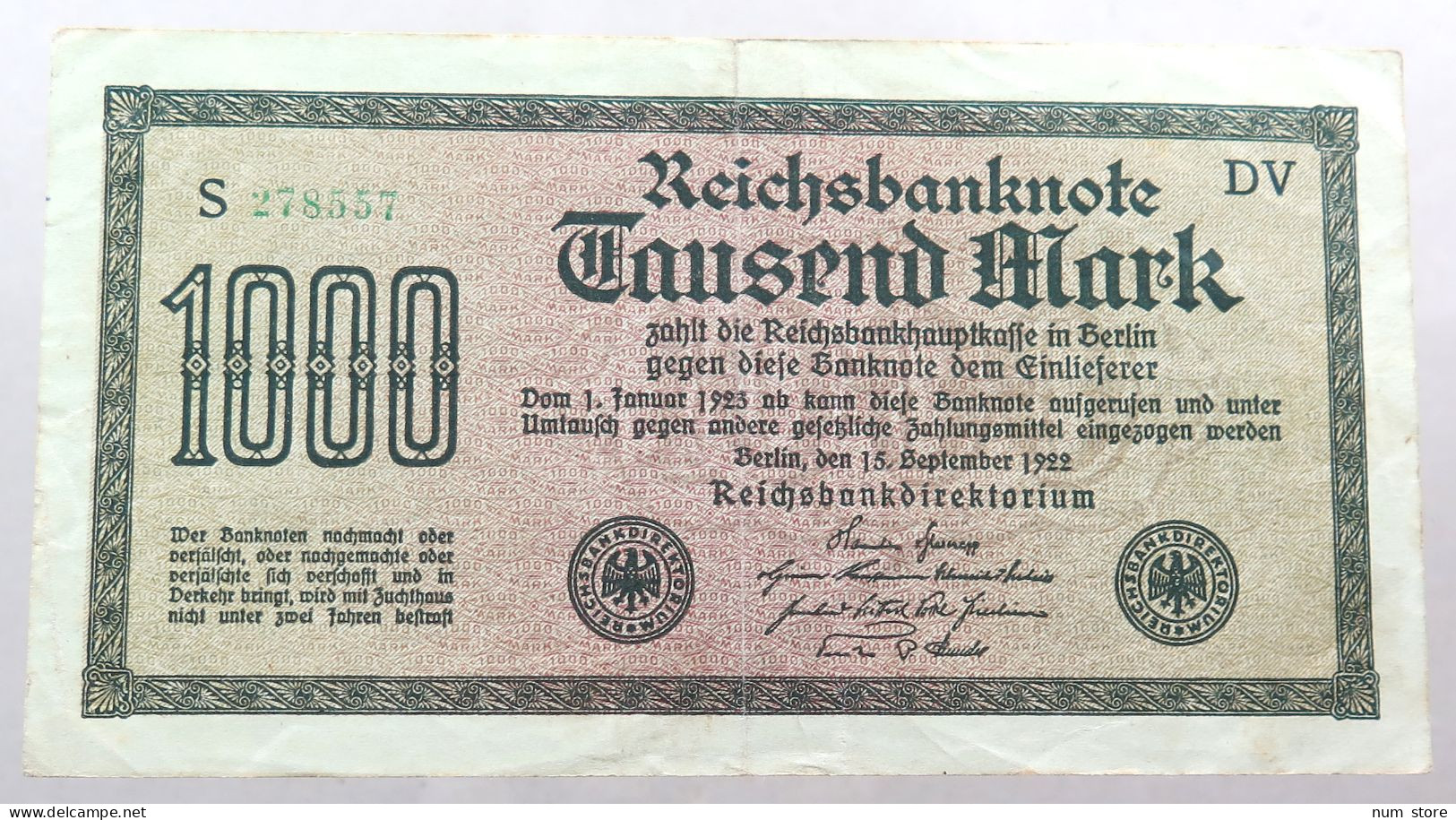 WEIMARER REPUBLIK 1000 MARK 1922  #alb052 0323 - 1000 Mark