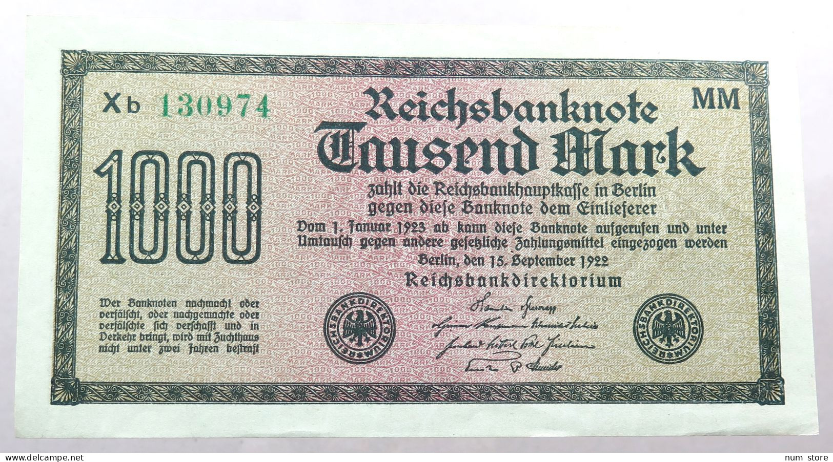 WEIMARER REPUBLIK 1000 MARK 1922  #alb052 0333 - 1.000 Mark