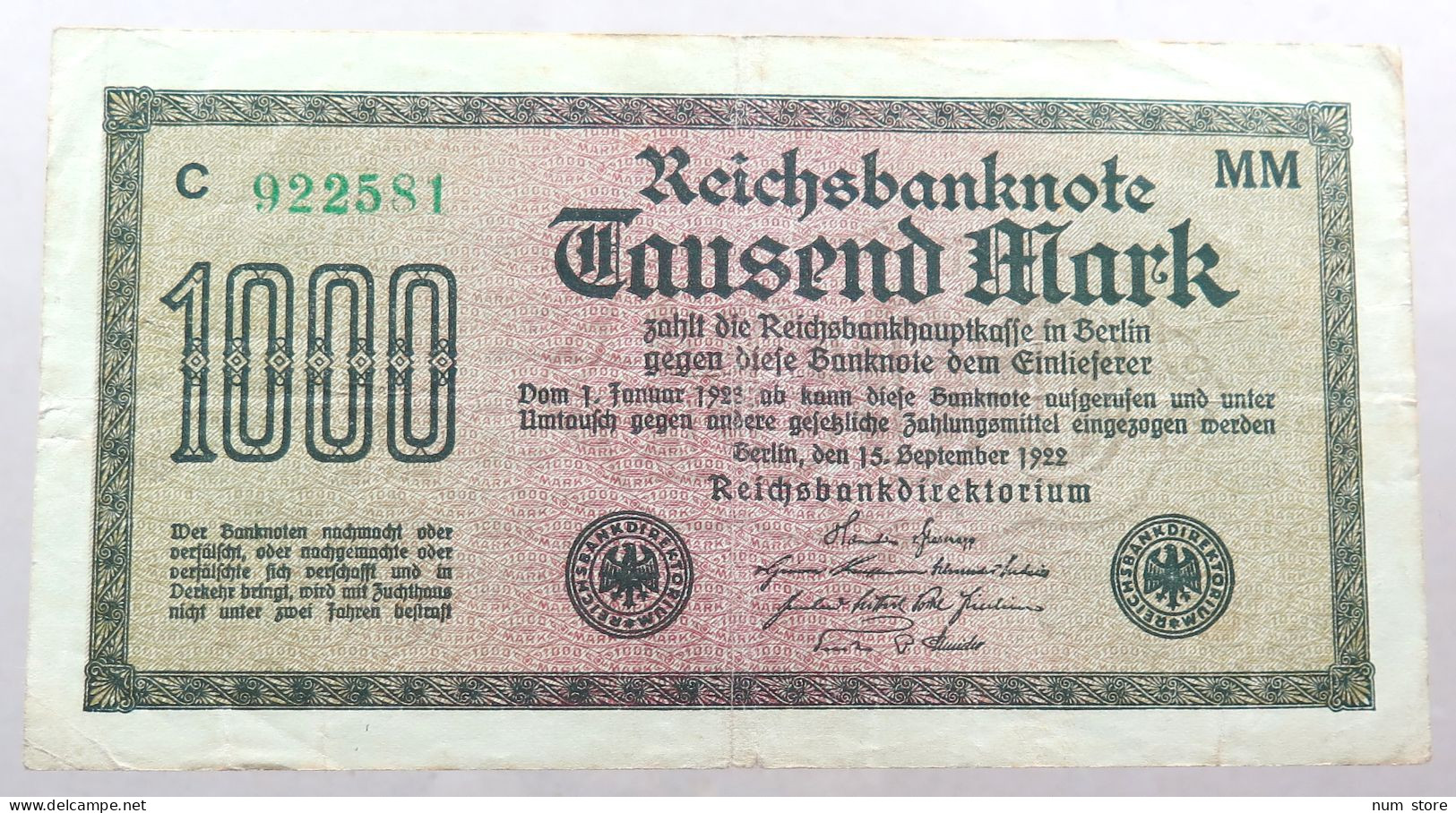 WEIMARER REPUBLIK 1000 MARK 1922  #alb052 0327 - 1000 Mark