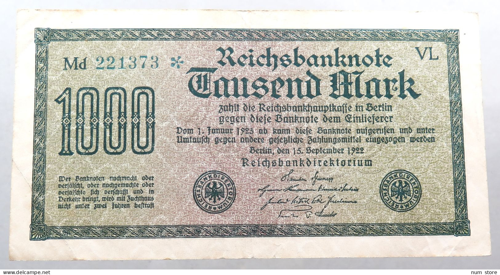 WEIMARER REPUBLIK 1000 MARK 1922  #alb052 0309 - 1000 Mark