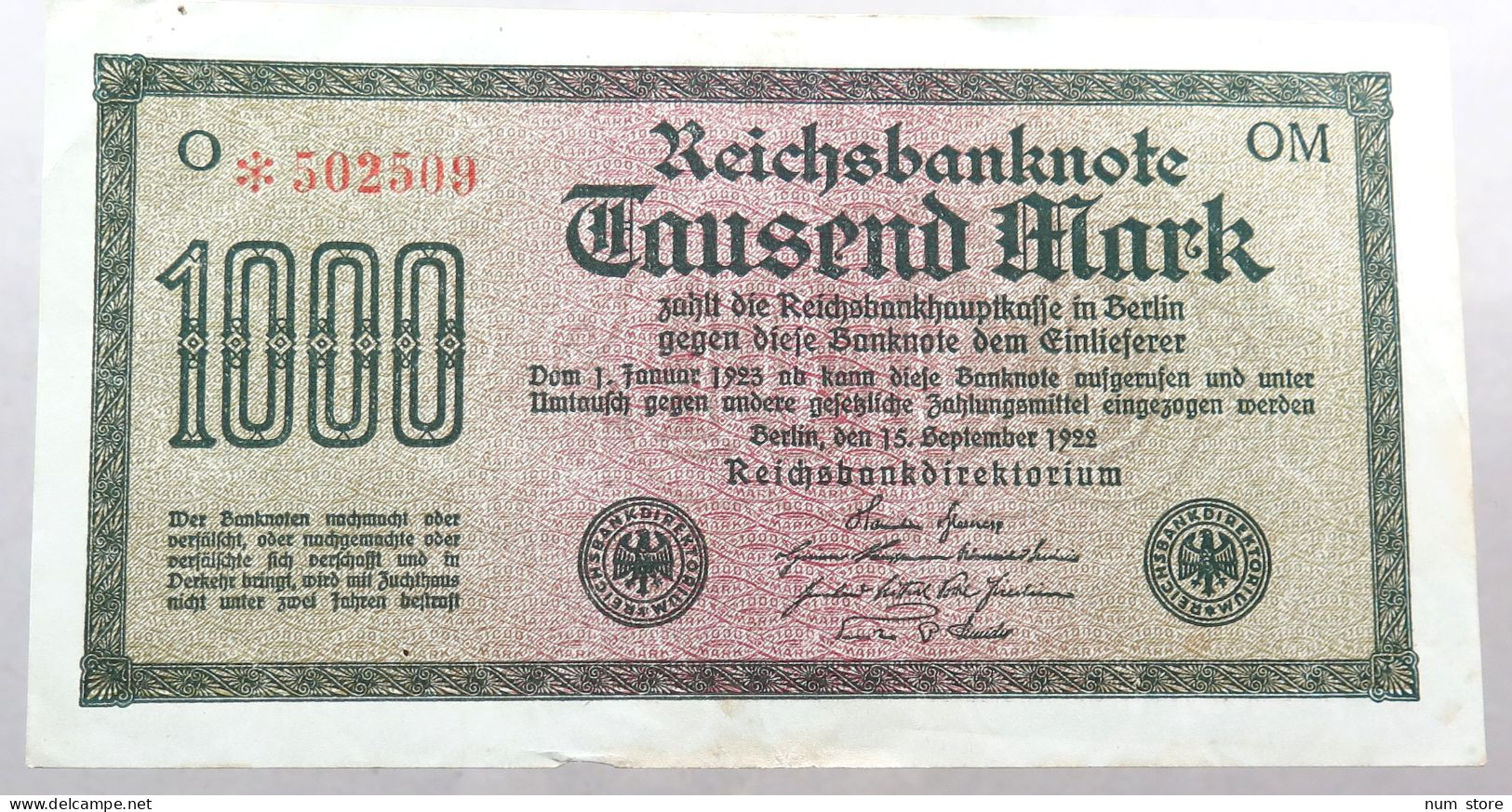 WEIMARER REPUBLIK 1000 MARK 1922  #alb052 0315 - 1000 Mark