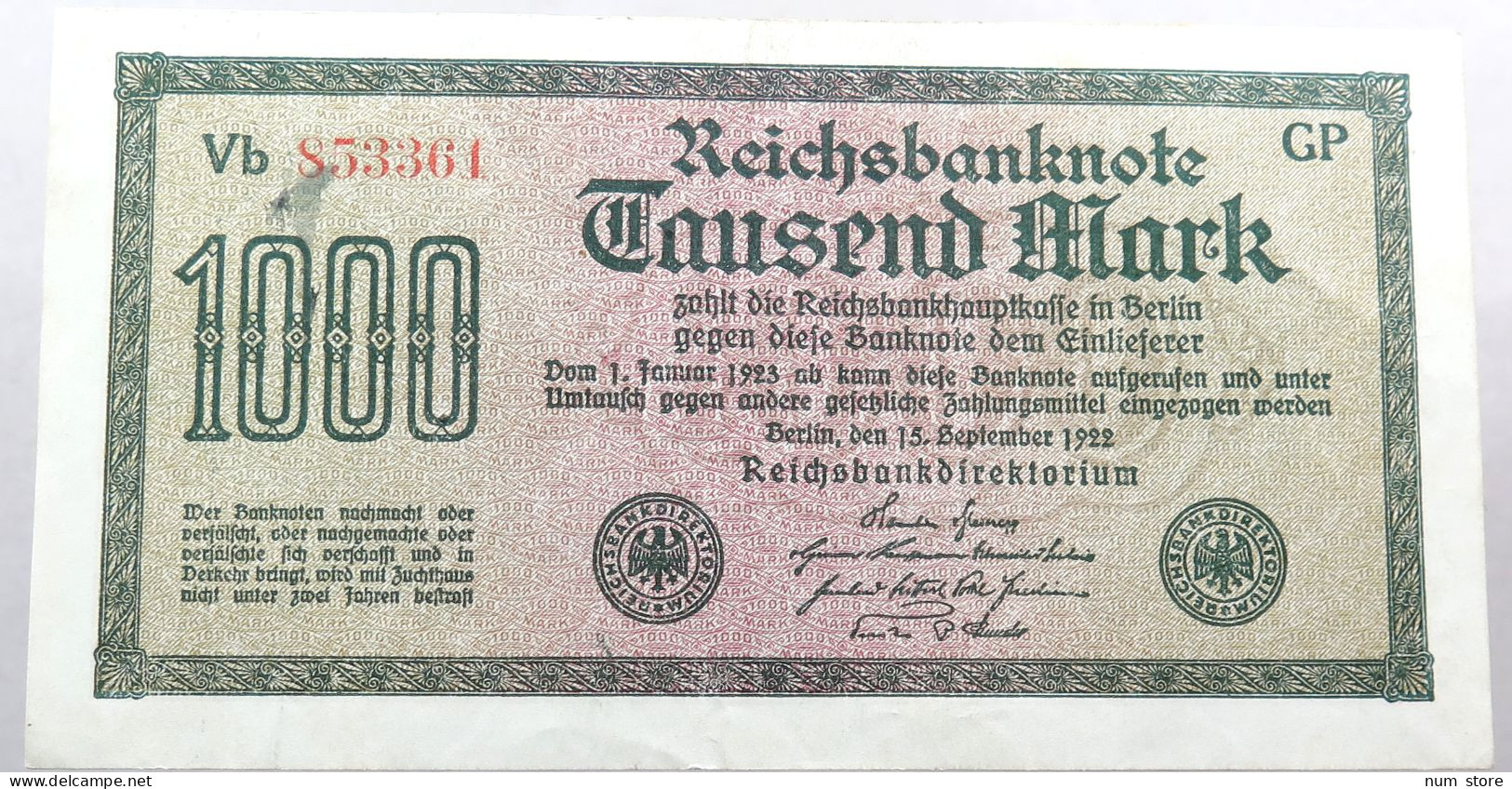 WEIMARER REPUBLIK 1000 MARK 1922  #alb052 0321 - 1000 Mark