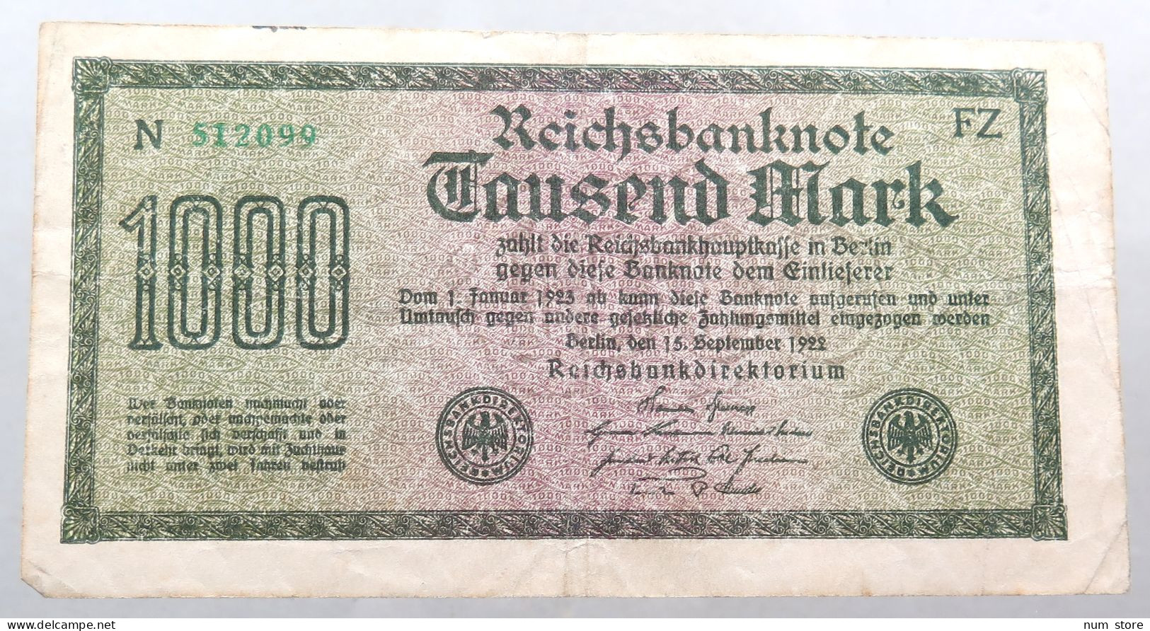 WEIMARER REPUBLIK 1000 MARK 1922  #alb052 0311 - 1000 Mark