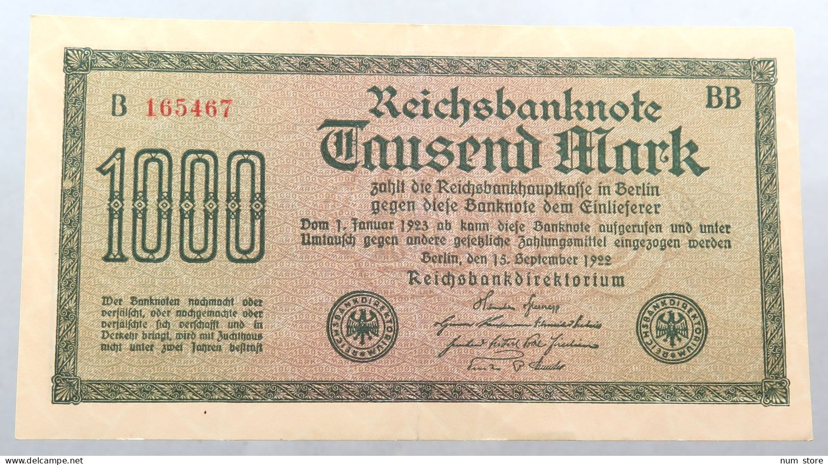 WEIMARER REPUBLIK 1000 MARK 1922  #alb052 0293 - 1000 Mark