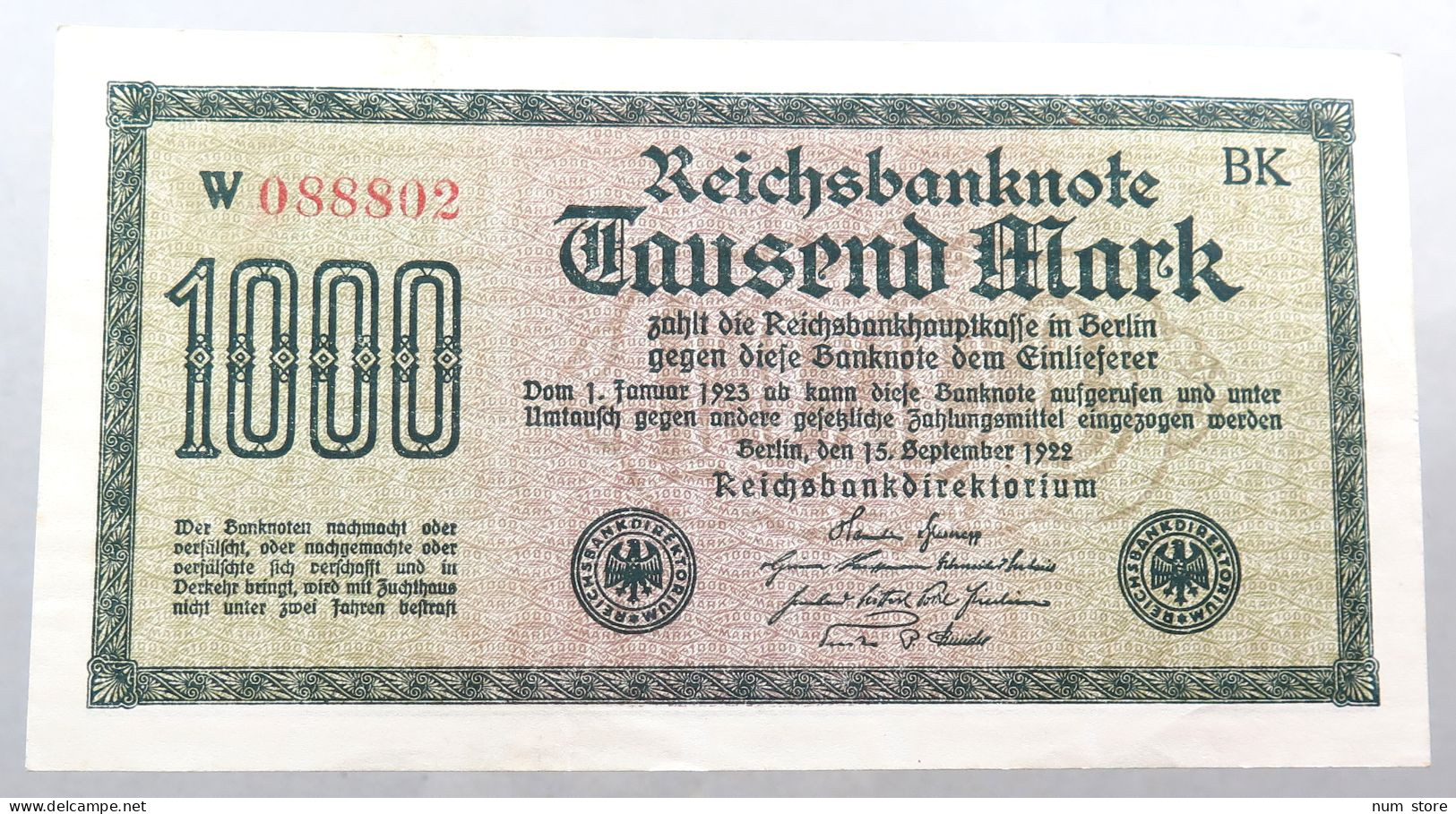 WEIMARER REPUBLIK 1000 MARK 1922  #alb052 0301 - 1000 Mark