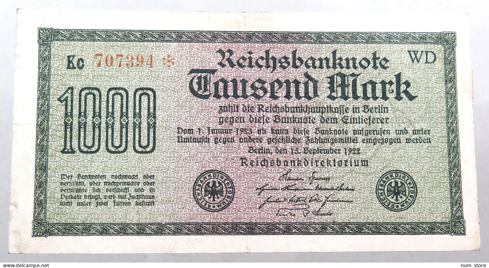 WEIMARER REPUBLIK 1000 MARK 1922  #alb052 0303 - 1000 Mark