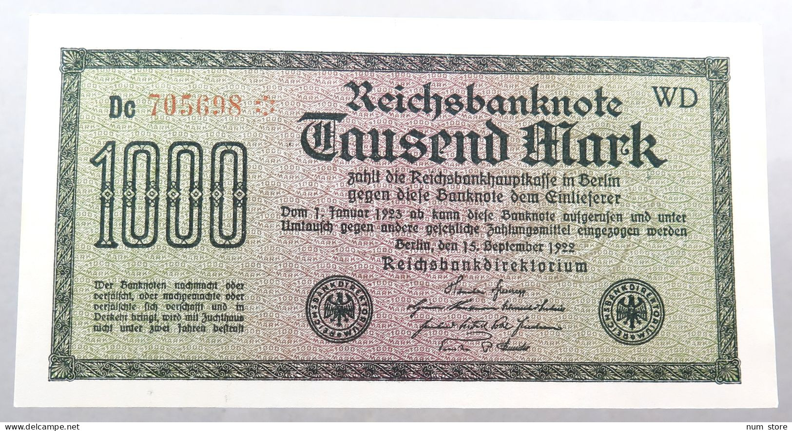 WEIMARER REPUBLIK 1000 MARK 1922  #alb052 0297 - 1.000 Mark